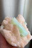 Beautiful Green Apophyllite with Pink Stilbite Flower
