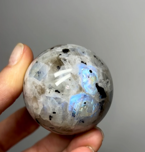 Flashy Rainbow Moonstone Sphere with Biotite