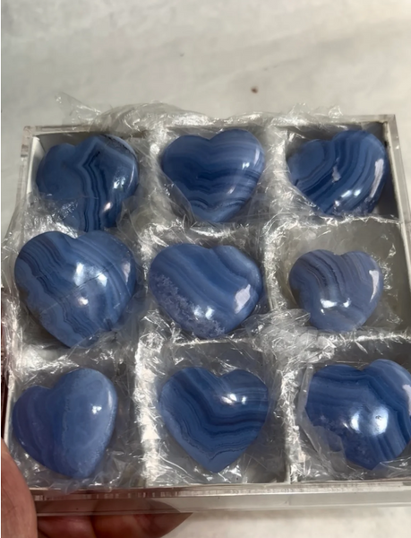 High Grade Blue Lace Agate Hearts – 9 Piece Lot